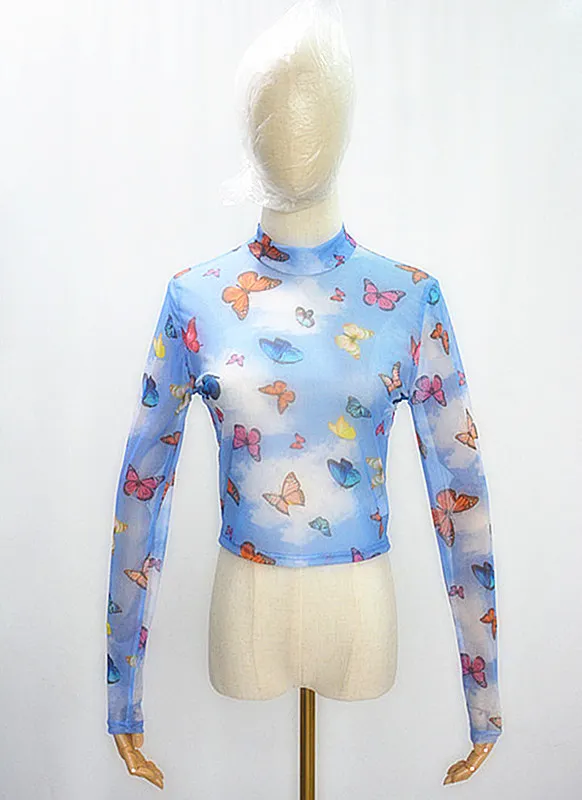 Uveng Uveng Women's Cheruel Print Gauze Short Long Sleeve T-Shirt Top Four-Leaf Clover Print Top