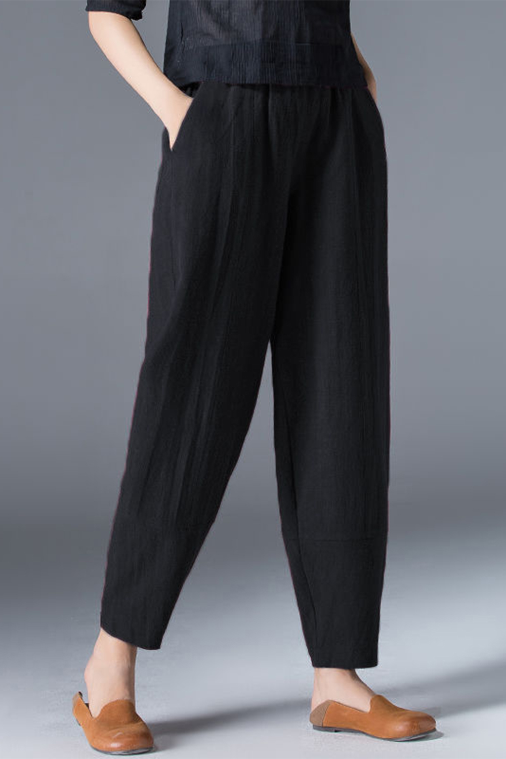 Plus Size Casual Burgundy Cotton And Linen Elastic Waist Pocket Harem Pants 2024 - Flycurvy 