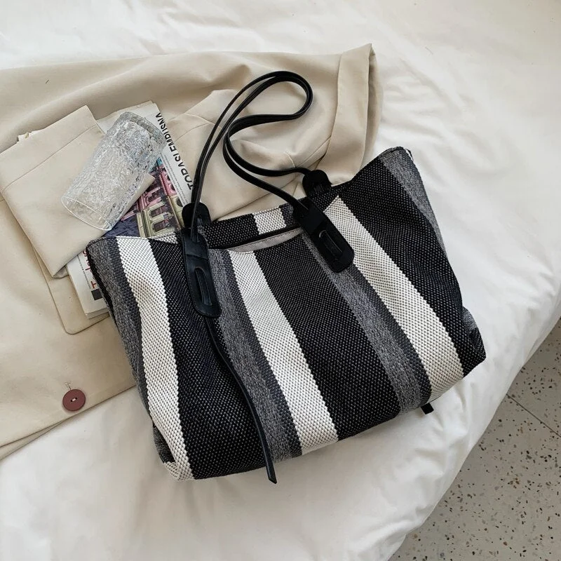 Luxury Stripe Designer High Capacity Handbag for Women 2022 Fashion Brand Designer Shopper Canvas Kawaii Tote Shoulder Bag