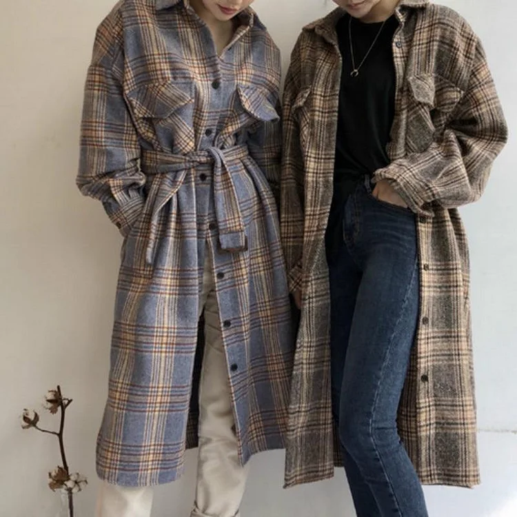VINTAGE AUTUMN PLAID LONG COAT SHIRT V058