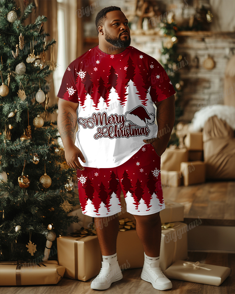 Big Guys Merry Christmas Letter Snowflake Christmas Tree Print T-Shirt Shorts Set