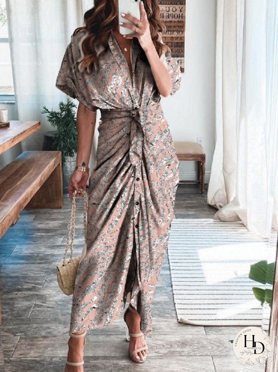 Dresses Textured Print Pleated Lace-Up Short Sleeve Dress for Women