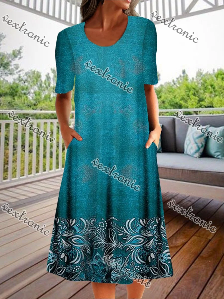 Women's Short Sleeve Scoop Neck Floral Printed Midi Dress With Pockets