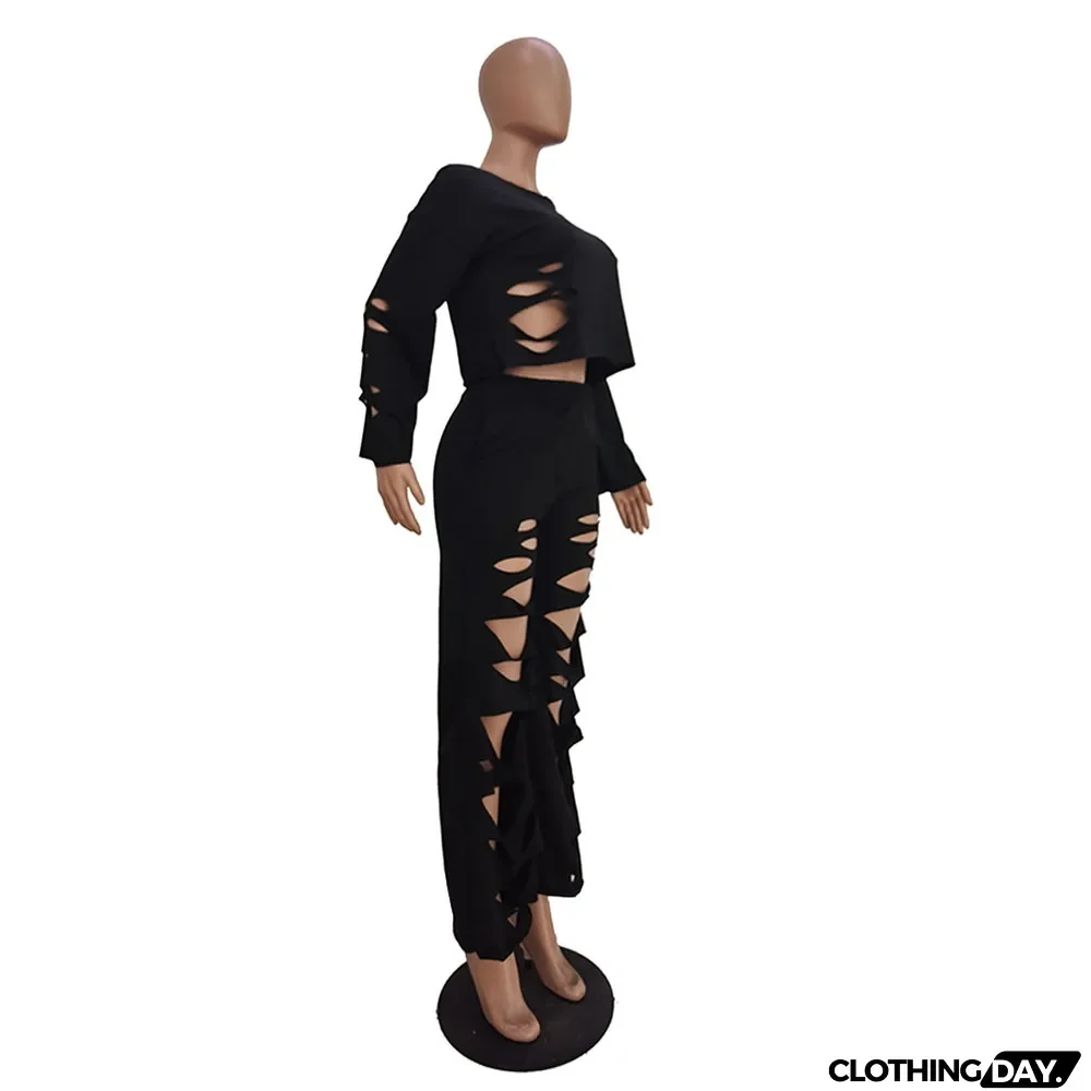 Casual Solid Color Ripped Flared Pants Suit