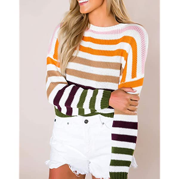  thdmladies Crew Neck Striped Color Block Casual Loose Knitted Pullover Sweater thedmladies