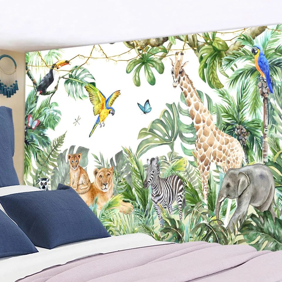 Tropical Rainforest Animal Tapestry Wall Hanging Natural Scenery Bohemian Hippie Art Mattress Table Mattress Home Decor