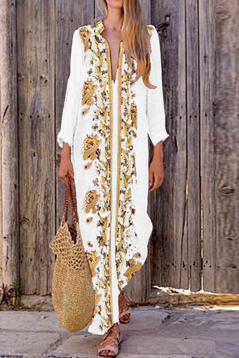 Fashion Street Print V Neck A Line Maxi Dresses