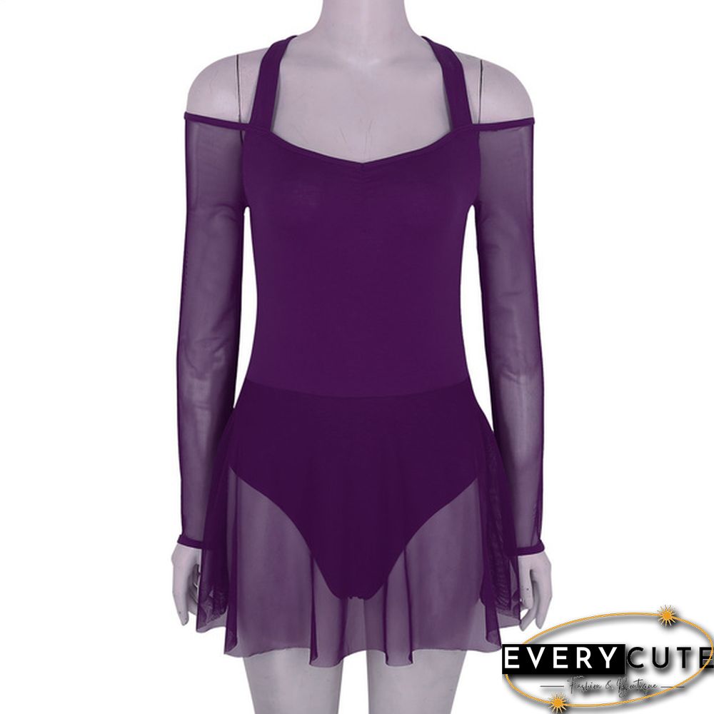 Women Adult Off The Shoulder Long Sleeve Halter Neck Mesh Bodysuit Ballet Dance Dress