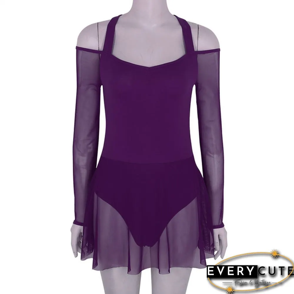Women Adult Off The Shoulder Long Sleeve Halter Neck Mesh Bodysuit Ballet Dance Dress