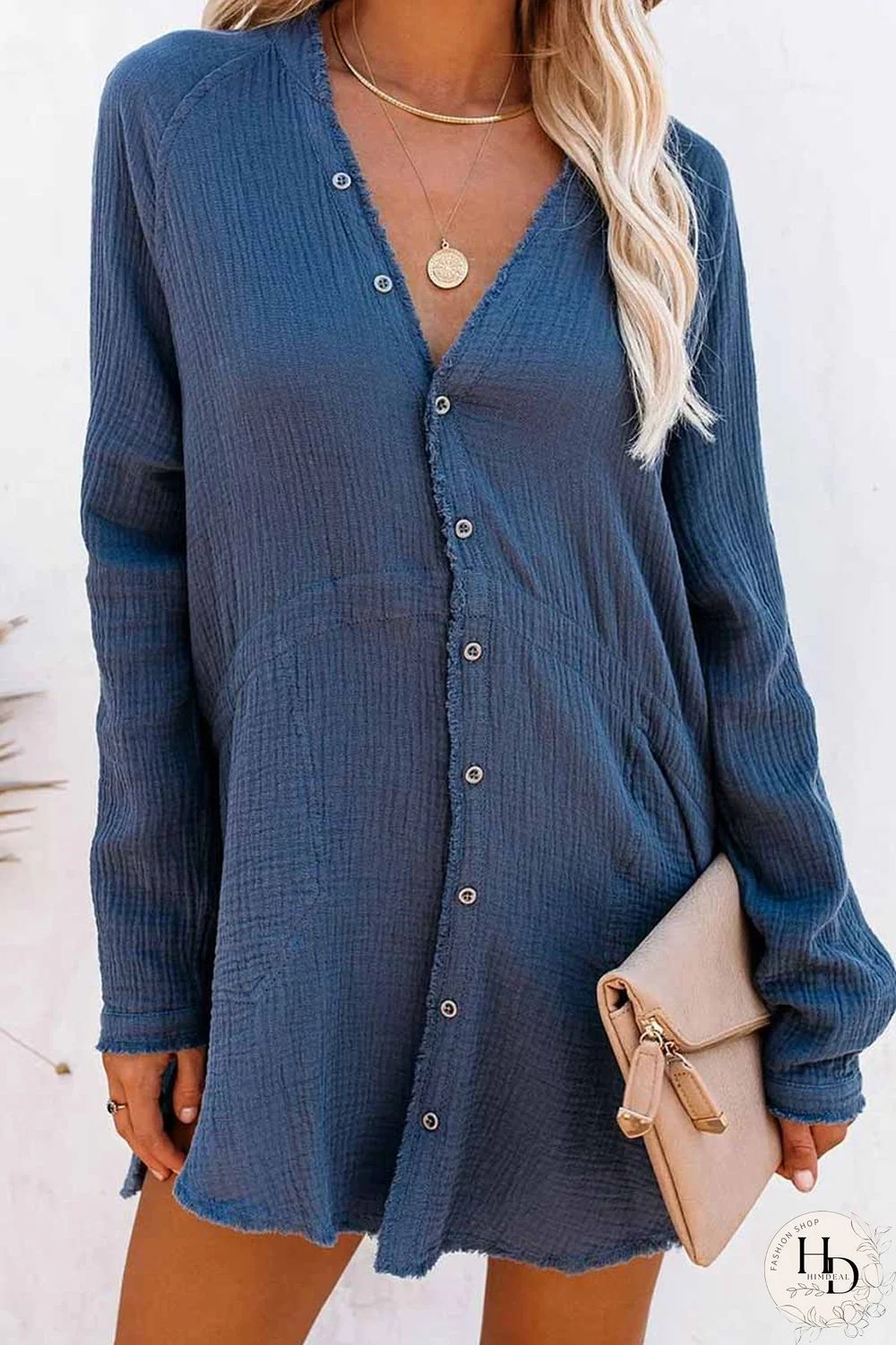 Seersucker Fringed Long Sleeves Mini Dresses