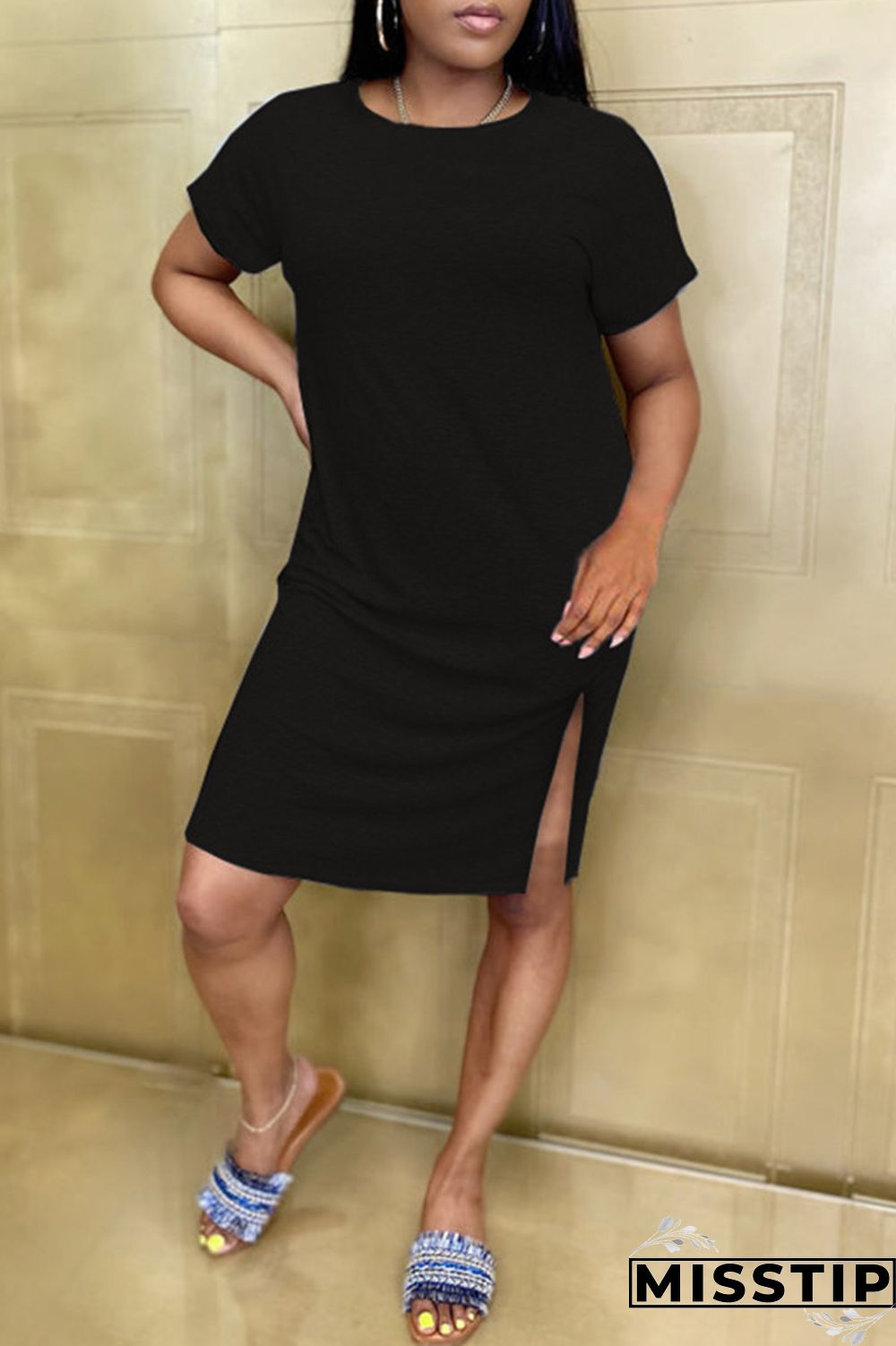 Grey Fashion Casual Solid Slit O Neck Short Sleeve Dress