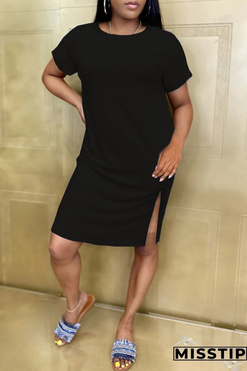 Grey Fashion Casual Solid Slit O Neck Short Sleeve Dress