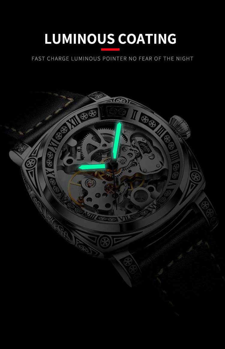 AIERSHI 44865 fashion black men mechanical watch creative Genuine Leather Strap water resist auto date character business watch
