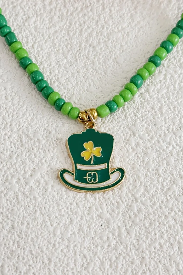 Shamrock Print Top Hat Pendant Beaded St. Patrick's Day Necklace