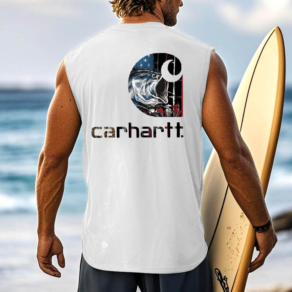 Men's Vintage Surfing Fishing American Flag Graphic Print Round Neck Sleeveless Tank Top / TECHWEAR CLUB / Techwear