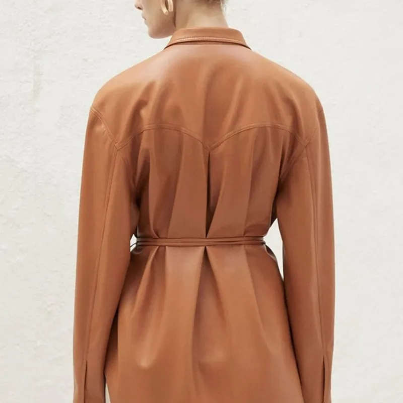 Niche artificial leather shirt women's single breasted drawstring long sleeve leather jacket-vocosishoes