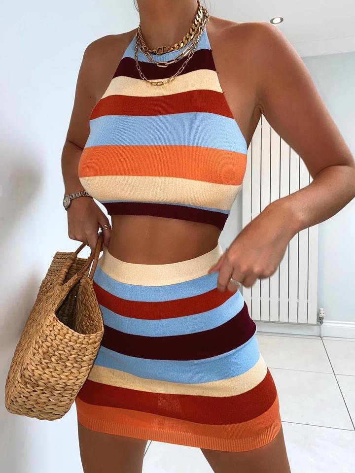 Women's Knitted Two Pieces Sets Summer Fashion Party Clubwear Sleeveless Halter Cami Crop Top+Mini Bodycon Skirts Lady Outfit