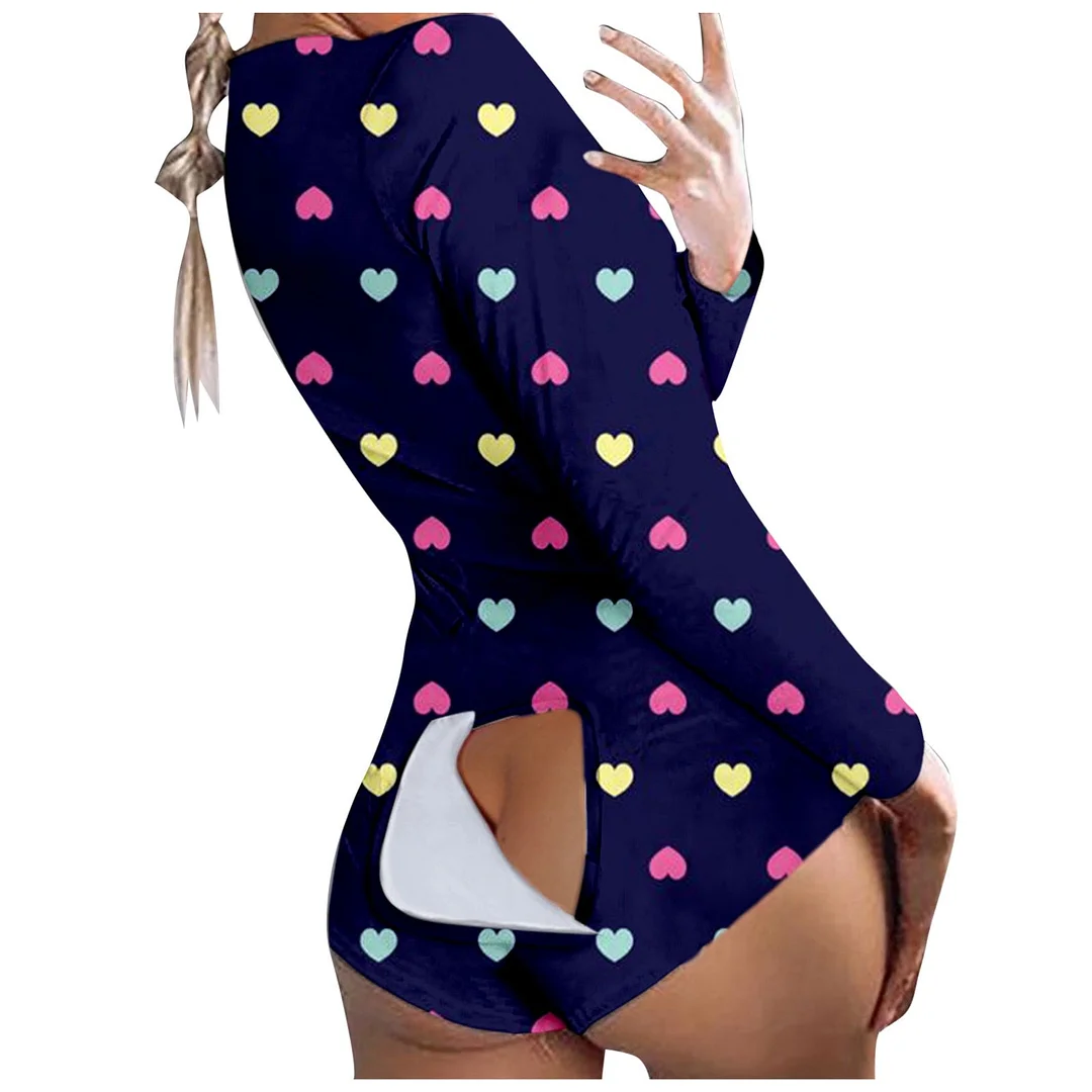 2022 New Fashion Jumpsuit Women Sexy Button-down Love Heart Print Functional Buttoned Flap Adults Jumpsuit Bodys Para Mujer