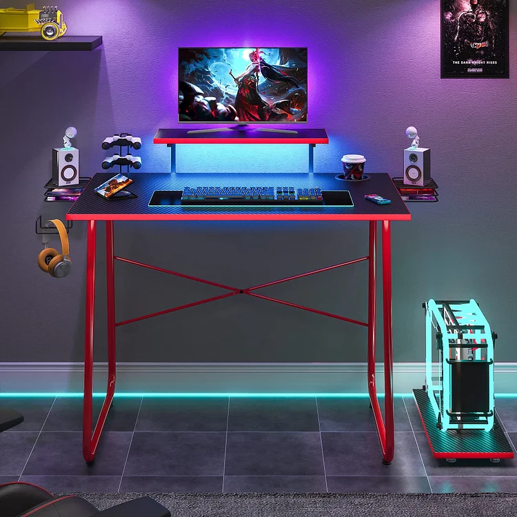 Bestier Gaming Desk with Led Light for Gamer, 51" Computer Desk with Cup Stand for Home Office, Carbon Fiber Desk Working Station, Red