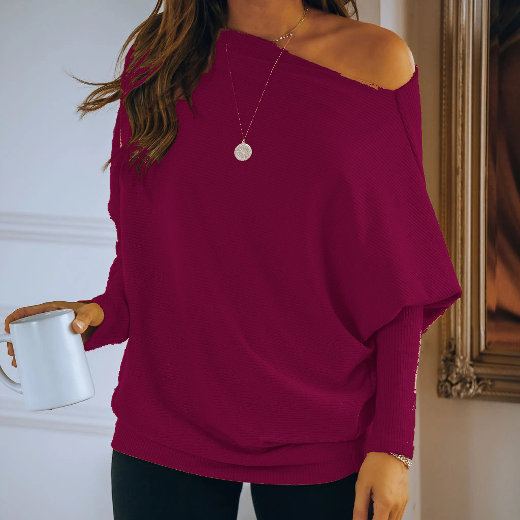 Women's Sloping Shoulder Long-Sleeved Loose Knit Pullover Sweater