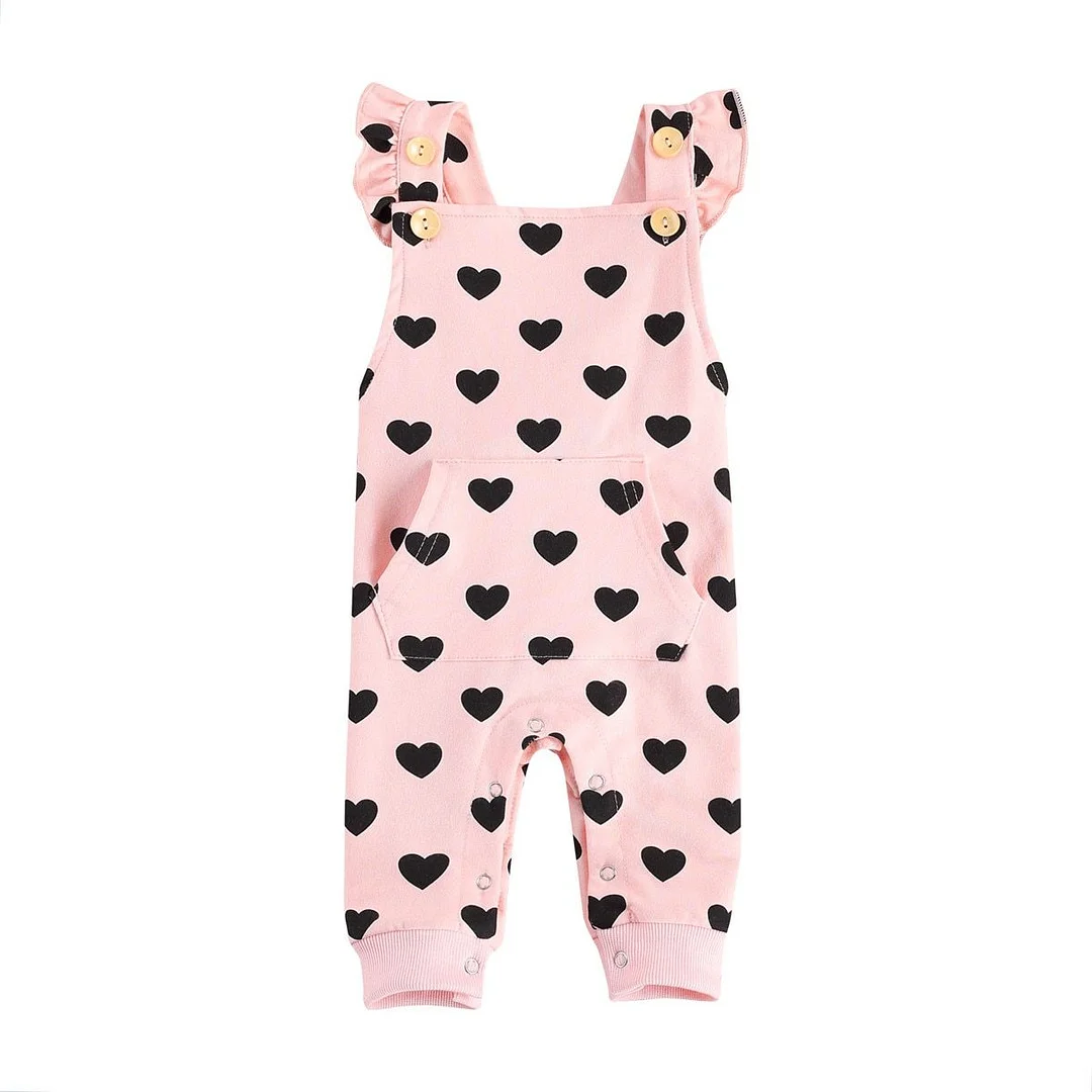 Newborn Casual Style Romper, Baby Girls Sleeveless Hearts Pattern Button Down Jumpsuit with Pocket (Pink)