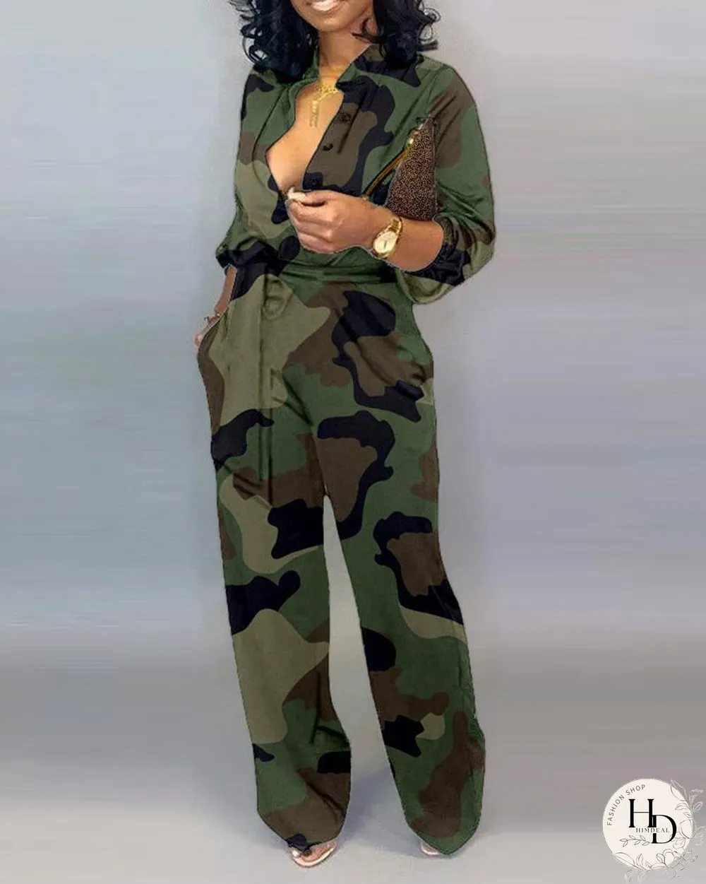 V Neck Camouflage Print Buttoned Jumpsuit P16118