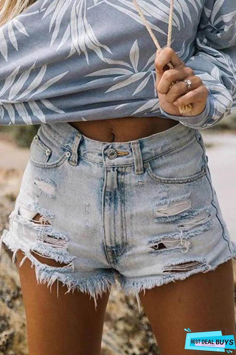 High Waist Ripped Fringed Denim Shorts