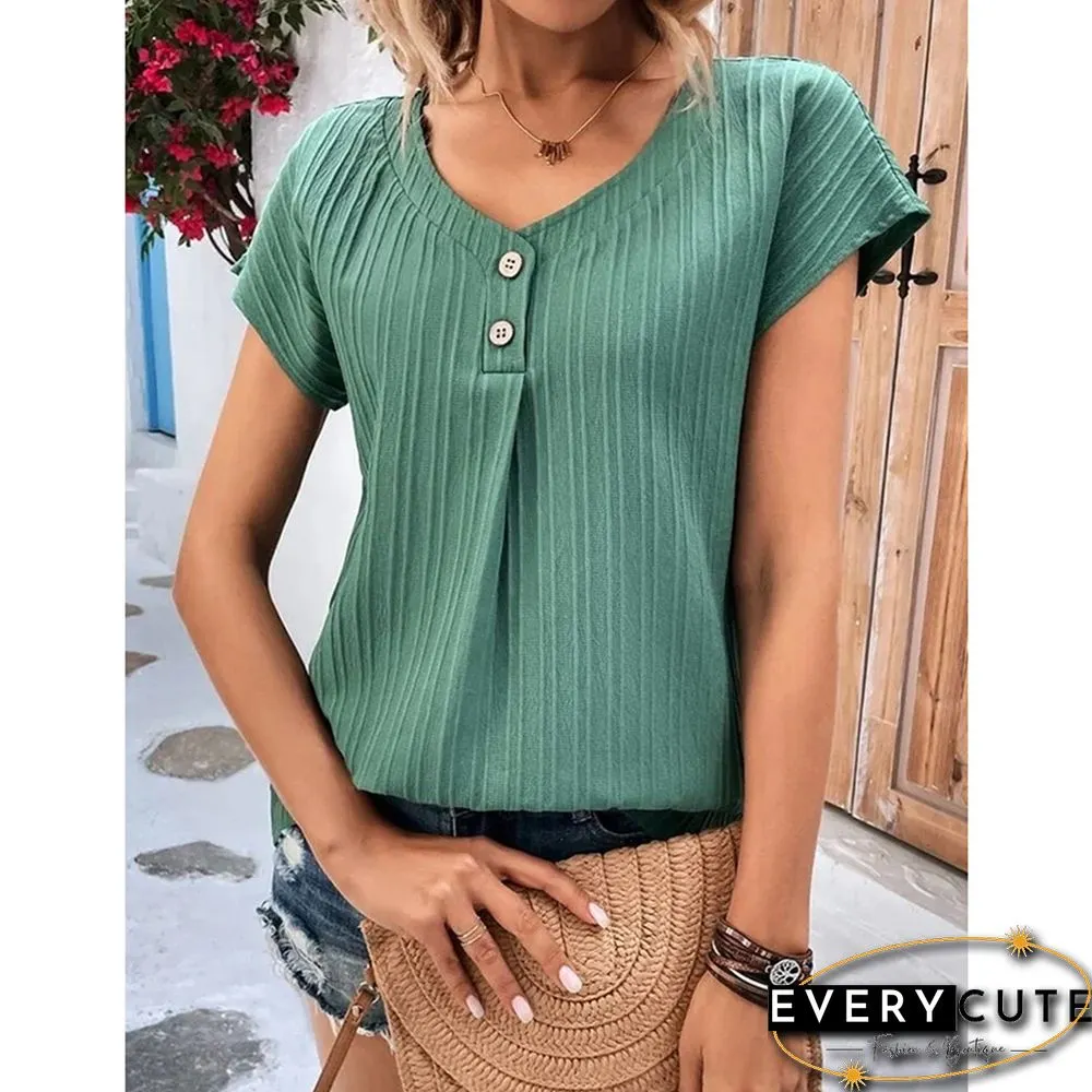 Green Solid Button Neck Short Sleeve Tops