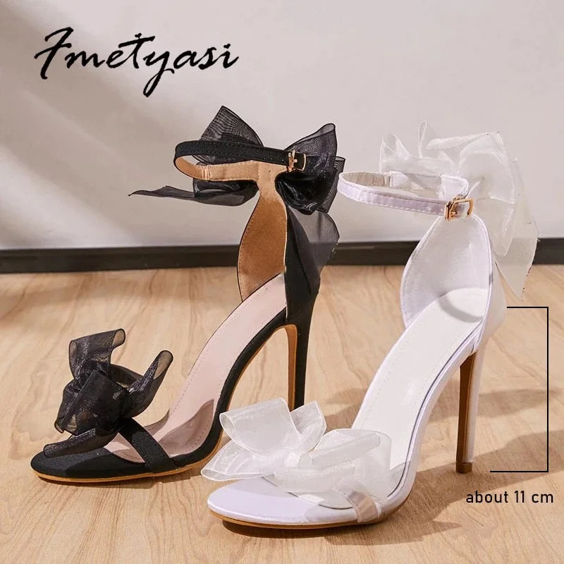 2022 New Satin Women High Heel Sexy Lace Butterfly-knot Buckle Strap Ladies Pump Elegant White Bride Wedding Shoes Plus Size