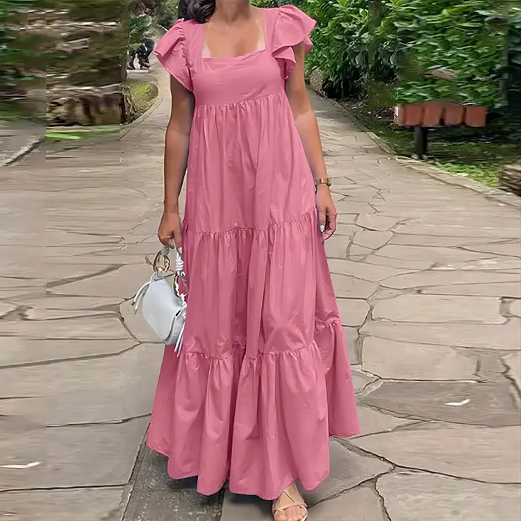 Women's Summer Boho Dress U-Neck Short Sleeve Ruffle Hem Maxi Dress