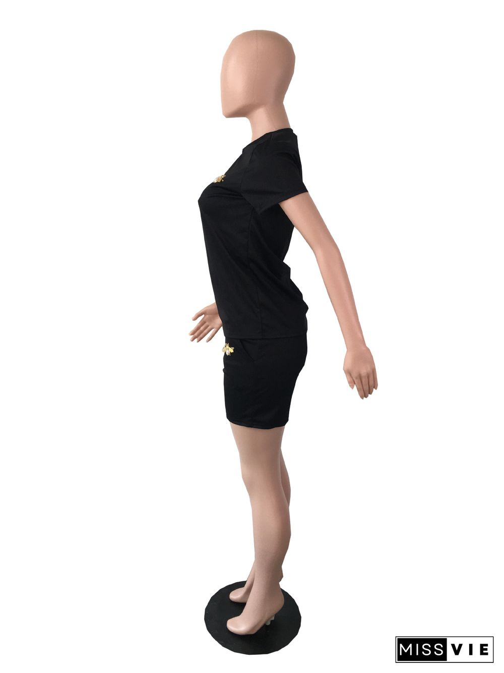 Summer Fashion New Bees Decorative Solid Color Short Sleeve T Shirt Pocket Shorts 2 Piece Set