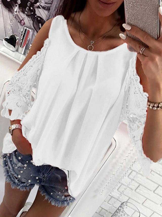 Women's T-shirt Solid Colored Round Neck Tops Loose Cotton Basic Top White Black Red - VSMEE