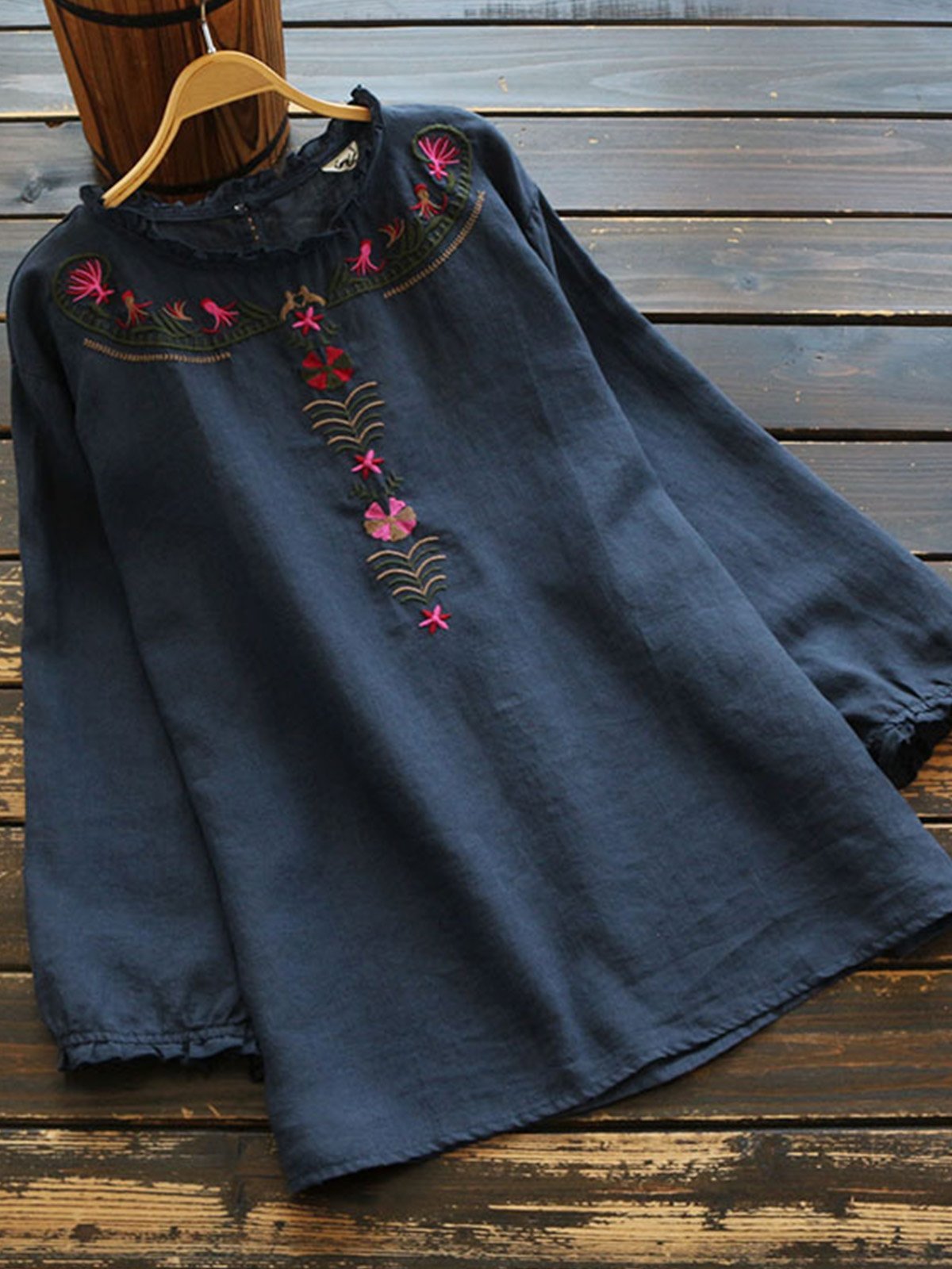 Women Casual Loose Embroidered Tops Tunic Blouse Shirt