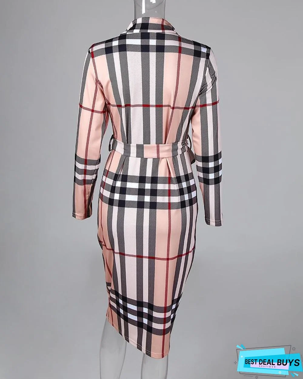 Grid Long Sleeve Zipper Front Bodycon Dress