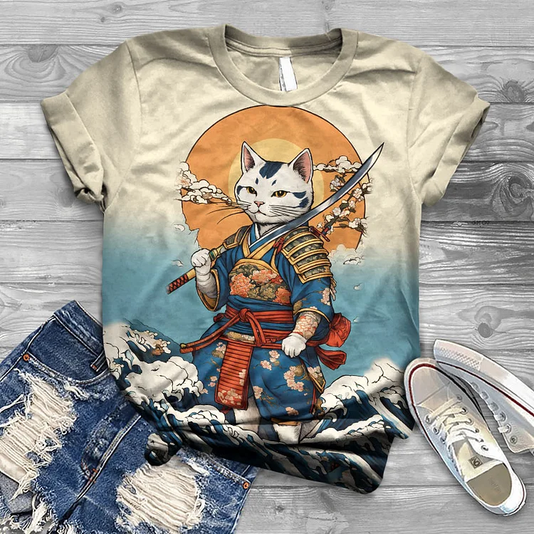 Retro Japanese Samurai Cat Holding A Katana Print T-shirt