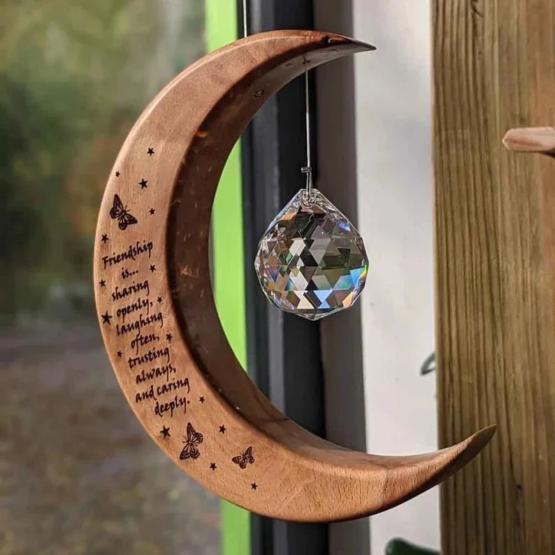 🌙 Friendship Gift – Irish Moon Suncatcher 🌈 | Wooden Custom Rainbow Maker & Angel Crystal Charm 🪽