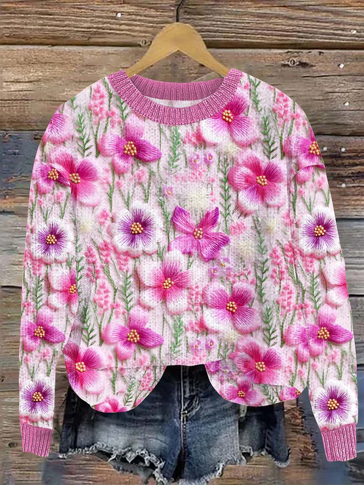 VChics Women's Vintage Pink Floral Art Casual Crew Neck Sweater