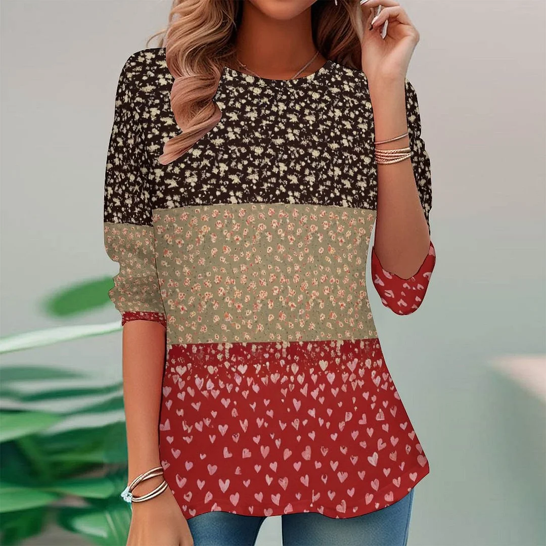 Vintage Printed Long Sleeve Plus Size Tunic for  Women and Men Unisex Pattern Floral,Polka Dot,Red,Light Coffe,Navy,Stitch