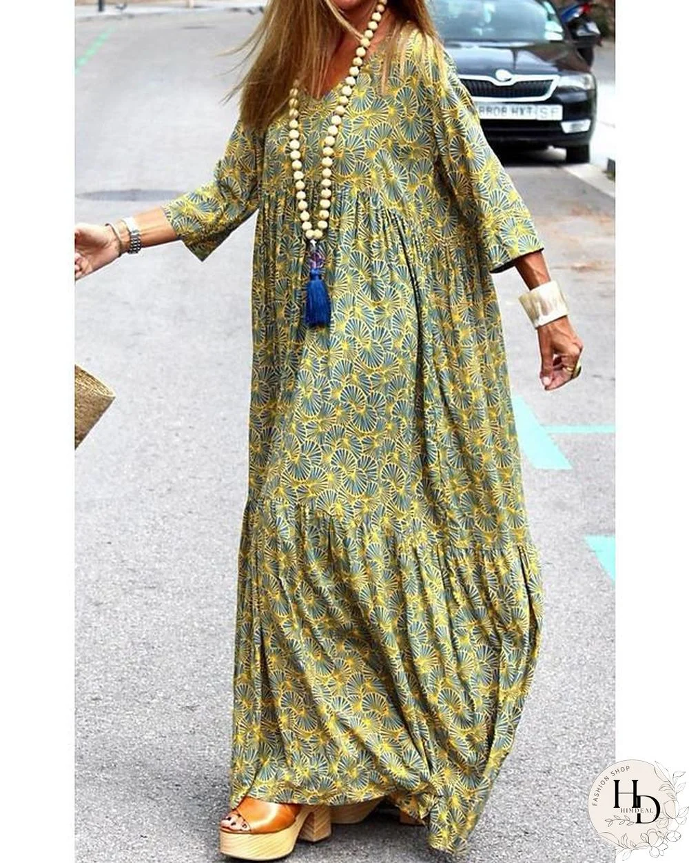 Women's Swing Dress Maxi long Dress 3/4 Length Sleeve Print Print Summer Casual Green S M L XL