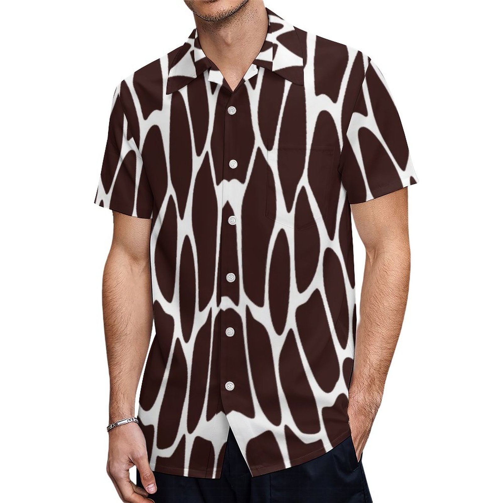 Brown And White Giraffe Print Pattern Hawaiian Shirt Mens Button Down Plus Size Tropical Hawaii Beach Shirts
