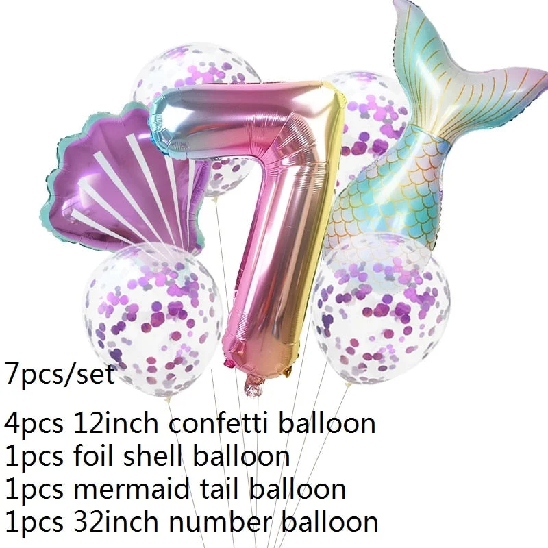 7pcs Mermaid Party Balloons 0 1 2 3 4 5 6 7 8 9 Number Foil Balloon Kids Birthday Party Decorations Baby Shower Helium Globos