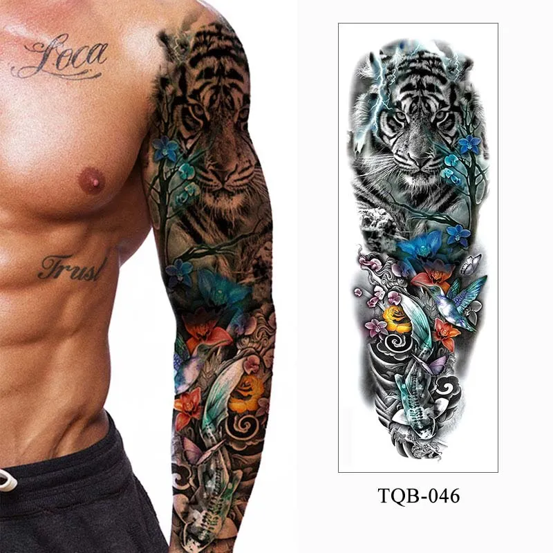 Sdrawing Men Temporary Tattoos Large Arm Sleeve Tattoo Sticker Dragon Tiger Fish Full Skull Totem Wolf Waterproof Fake Tattoo for Women