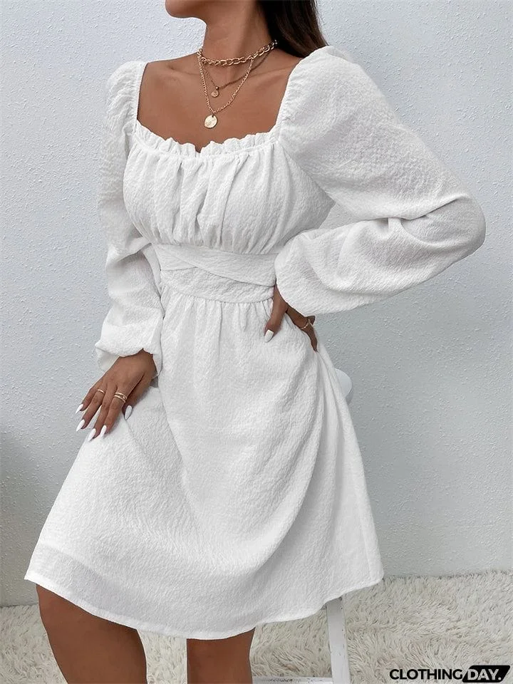 Temperament Trendy Lady Square Neck Long Sleeve High-waisted A-line Dress