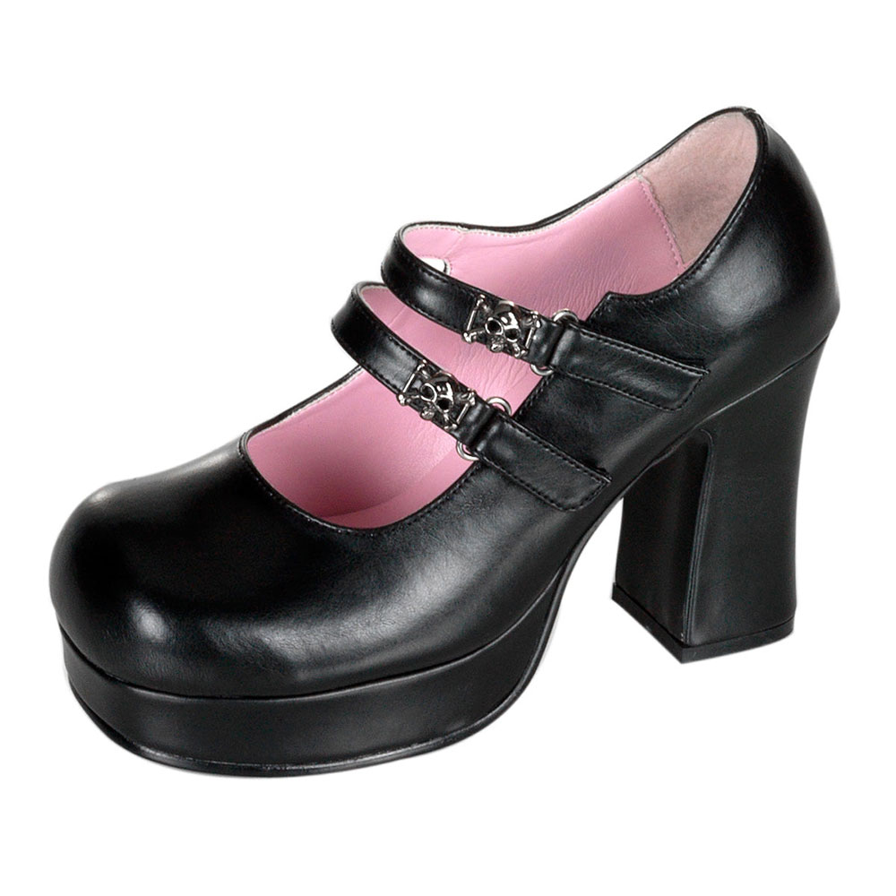 Black Round Toe Block Heel Skull Studded Strap Platform Mary Janes Nicepairs