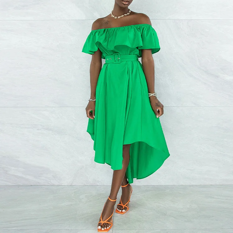 Solid Off Shoulder Ruffle Design Asymmetrical Dress - IRBOOM Fashion Clothing