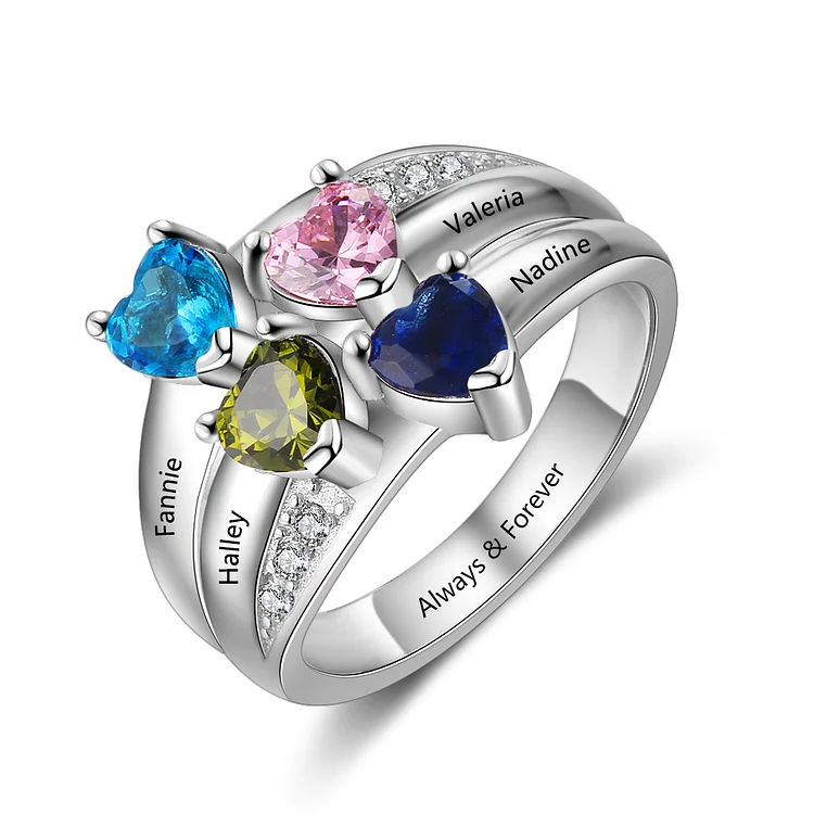 S925 Silver Ring Personalized 4 Birthstones Mothers Ring With Names Gifts For Her