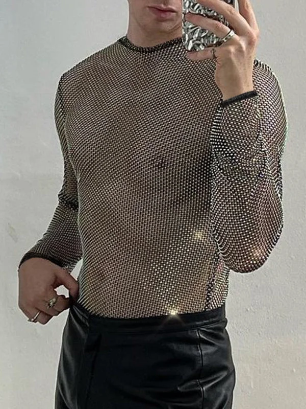 Mens Shiny Mesh See-Through Long Sleeve T-Shirt SKUJ50496