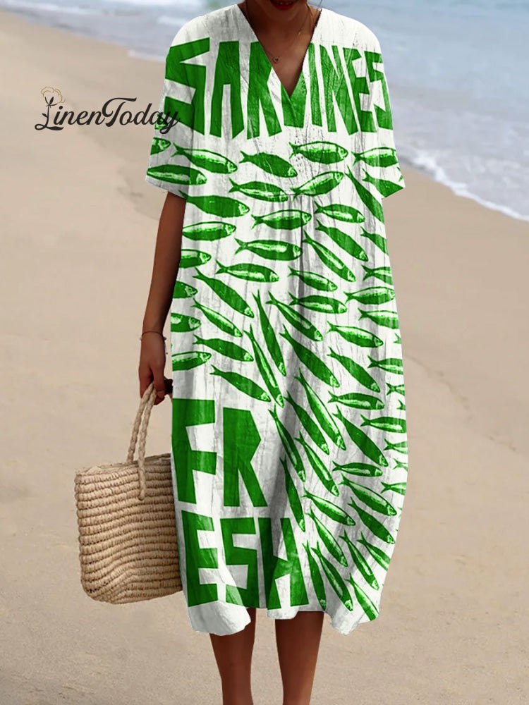 Women’s Vintage Fish Sardines Art Print Flowy Dress Green / S