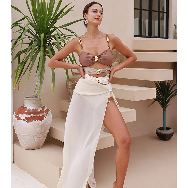 Color Block Cutout One Piece Swimsuit and Sarong