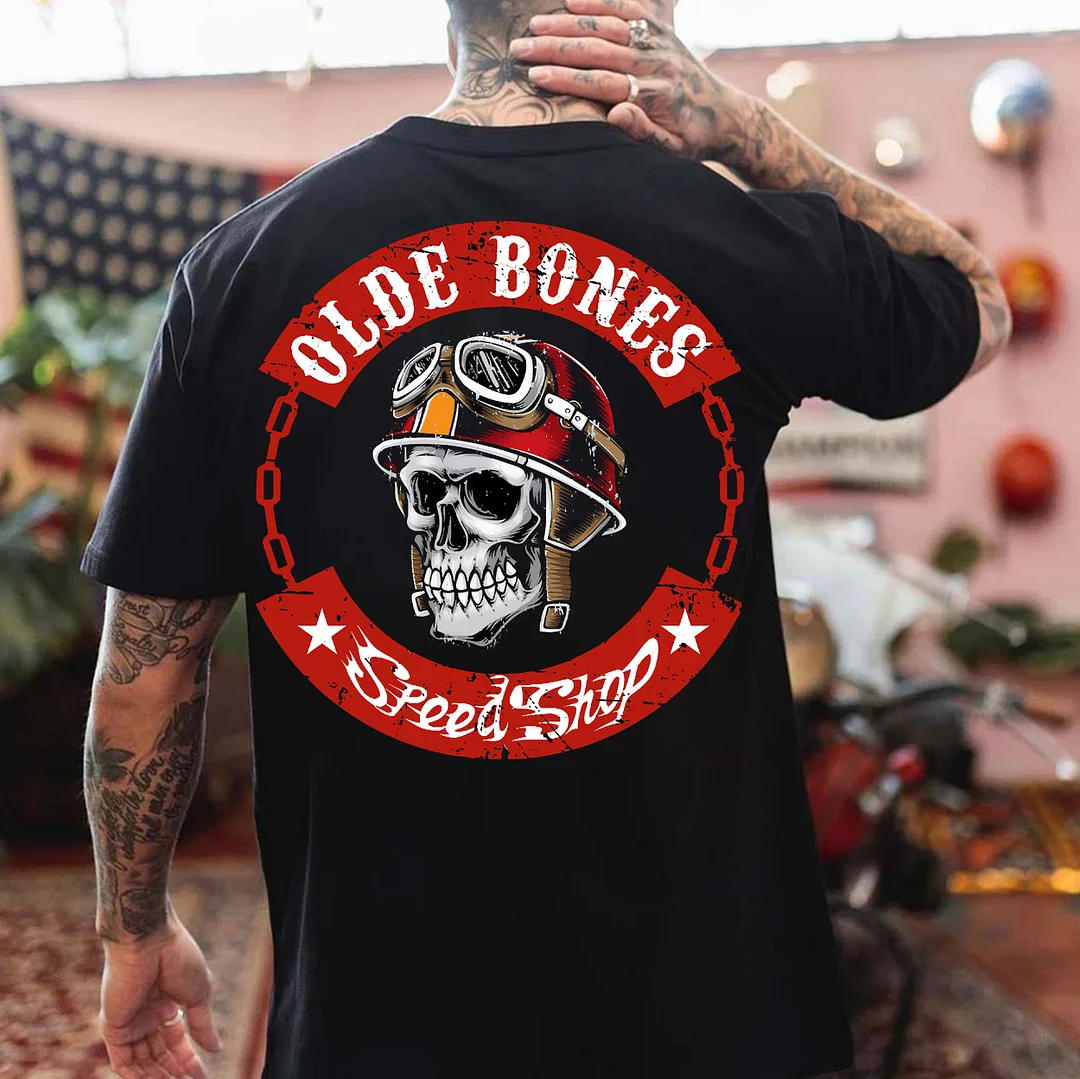 OLDE BONES SPEED SHOP Helmet Skull Print Men's T-shirt
